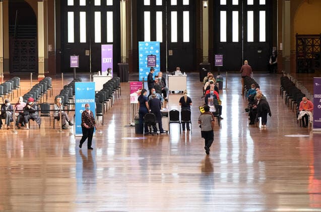 COVID19 VACCINATION ROLLOUT MELBOURNE, A general view of the mass vaccination hub at the Royal Exhibition Building in Melbourne, Wednesday, April 21, 2021. Those over 70 can show up at three Victorian mass COVID-19 vaccination hubs without an appointment from Wednesday. ( NO ARCHIVING, EDITORIAL USE ONLY, NO USE IN BOOKS WITHOUT CONSENT MELBOURNE VIC AUSTRALIA  Copyright: xLUISxASCUIx 20210421001536408424