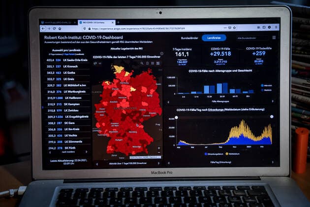 Coronavirus in Deutschland - Covid-19-Dashboard des Robert Koch-Institut 22.04.2021: Robert Koch-Institut: 7-Tage-Inzidenz 161,1. 7-Tage-Fallzahl 134.007. COVID-19-Fälle 3.217.710. Zugang um 29.518 gegenüber dem Vortag. COVID-19-Todesfälle 80.893. Zugang um 259 gegenüber dem Vortag.