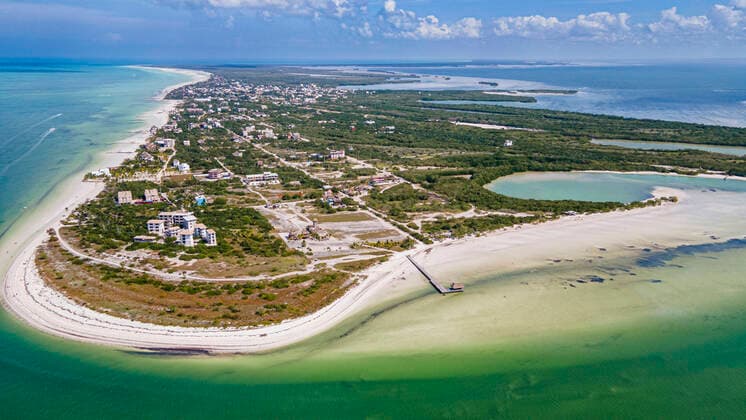 Aerial of the turquoise waters and white sands of Holbox island, Yucatan, Mexico, North America Copyright: MichaelxRunkel 1184-5417