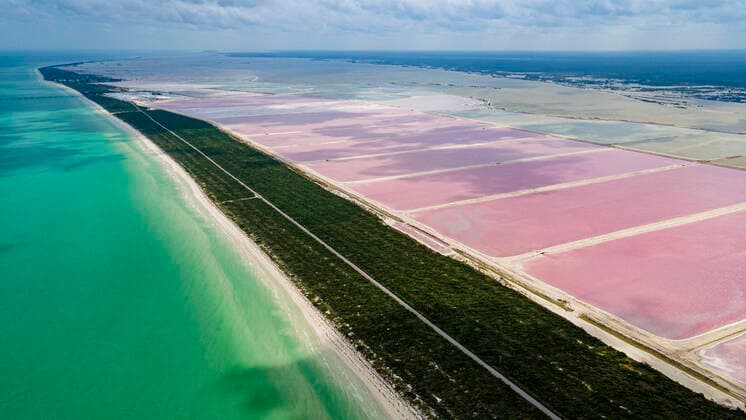 Aerial of the colourful salinas of Las Coloradas, Yucatan, Mexico, North America Copyright: MichaelxRunkel 1184-5446