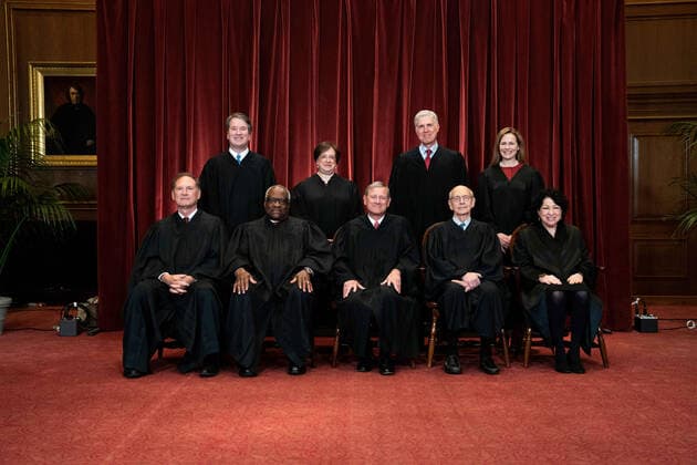 April 23, 2021, Washington, District of Columbia, USA: Members of the Supreme Court pose for a group photo at the Supreme Court in Washington, DC on April 23, 2021. Seated from left: Associate Justice of the Supreme Court Samuel A. Alito, Jr., Associate Justice of the Supreme Court Clarence Thomas, Chief Justice of the United States John G. Roberts, Jr., Associate Justice of the Supreme Court Stephen G. Breyer, and Associate Justice of the Supreme Court Sonia Sotomayor, Standing from left: Associate Justice of the Supreme Court Brett Kavanaugh, Associate Justice of the Supreme Court Elena Kagan, Associate Justice of the Supreme Court Neil M. Gorsuch and Associate Justice of the Supreme Court Amy Coney Barrett Washington USA - ZUMAs152 20210423_zaa_s152_085 Copyright: xErinxSchaffx