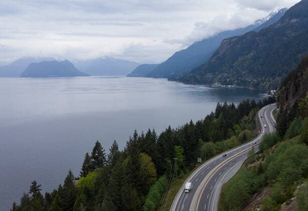 April 23, 2021, Lions Bay, BC, Canada: Motorists travel on the Sea-to-Sky highway between Horseshoe Bay and Lions Bay, B.C., on Friday, April 23, 2021. Non-essential travel is being restricted between three regional zones in British Columbia to try and curb the spread of COVID-19. Lions Bay Canada  - ZUMAc35_ 20210423_zaf_c35_081 Copyright: xDarrylxDyckx