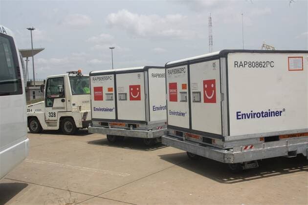 (210424) -- LOME, April 24, 2021 -- Boxes of Sinovac vaccine donnated by China are seen at the Gnassingbe Eyadema International Airport in Lome, Togo, April 23, 2021. The government of Togo received a batch of Sinovac vaccine donnated by China on Friday in support to its fight against COVID-19 as part of the cooperation between the two countries. (Photo by Xinhua) TOGO-LOME-COVID-19-SINOVAC-VACCINE Koffi 