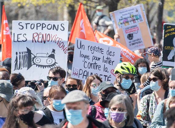 April 24, 2021, Montreal, PQ, Canada: People take part in a demonstration calling for more social and affordable housing in Montreal, Saturday, April 24, 2021. Montreal Canada  - ZUMAc35_ 20210424_zaf_c35_012 Copyright: xGrahamxHughesx