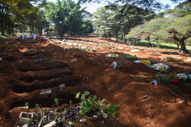 Brazil: View of the open graves at the Vila Formosa Cemetery View of the open graves at the Vila Formosa Cemetery in São Paulo. The country has recorded 2,866 deaths from Covid-19 in the past 24 hours and has totaled 386,623 deaths since the start of the pandemic. With that, the moving average of deaths in Brazil in the last 7 days reached 2,514. Sao Paulo Brazil Copyright: RonaldoxSilva