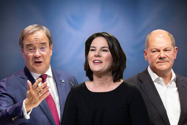 FOTOMONTAGE: Die Kanzlerkandidaten zur Bundestagswahl 2021: v.li:Armin LASCHET (CDU),Annalena BAERBOCK, (Buendnis 90 die Gruenen),Olaf SCHOLZ (SPD).