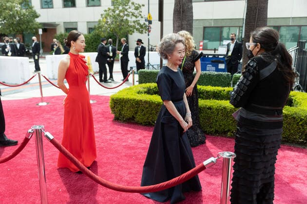 OscarÂ® nominee Yuh-Jung Youn (R) arrives with Han Ye-ri on the red carpet of The 93rd OscarsÂ® at Union Station in Los Angeles, CA on Sunday, April 25, 2021. Los Angeles CA USA  Copyright: xMattxSaylesx 34135575THA