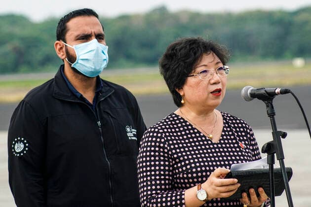 April 26, 2021, San Luis Talpa, El Salvador: ChinaÂ s Ambassador to El Salvador Ou Jianhong speaks during a press conference..Salvadoran President Nayib Bukele announced that the country has acquired half a million doses of the Chinese manufactured CORONAVAC COVID-19 vaccine. San Luis Talpa El Salvador - ZUMAs197 20210426_zaa_s197_099 Copyright: xCamiloxFreedmanx