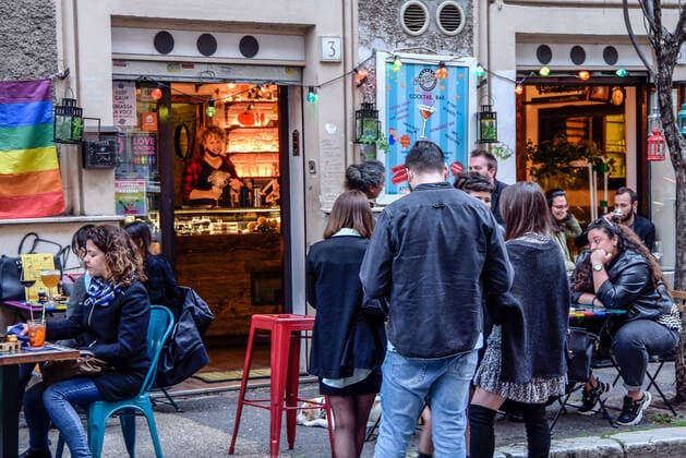 April 26, 2021, Rome, Italy: People sit outside a bar at the pedestrian area of Via del Pigneto in Rome..From today, the government has partially relaxed the restrictive measures of Covid 19, allowing the reopening of bars, restaurants and cinemas. Rome Italy - ZUMAs197 20210426_zaa_s197_197 Copyright: xVincenzoxNuzzolesex
