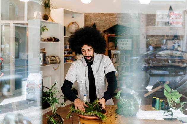 Afro man holding moss while making kokedama plant seen from window model released Symbolfoto property released AFVF08486