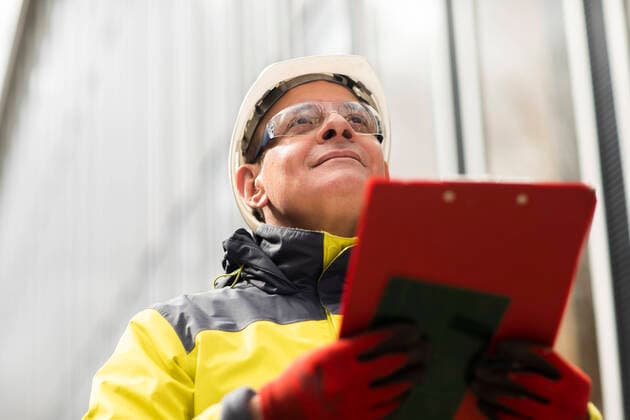IMAGO Creative: Corporate: Klimaschutz, Digitalisierung und Urbanisierung Male entrepreneur looking away while holding clipboard model released Symbolfoto SGF02815