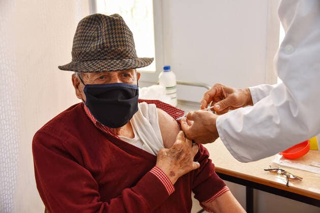 April 27, 2021, Tunis, Tunisia: A man receives a dose of the Pfizer-BioNTech COVID-19 vaccine at Ariana Youth Center as vaccination centers across the country experience an influx of registrations during Ramadan. Tunis Tunisia - ZUMAs197 20210427_zaa_s197_028 Copyright: xJdidixWassimx