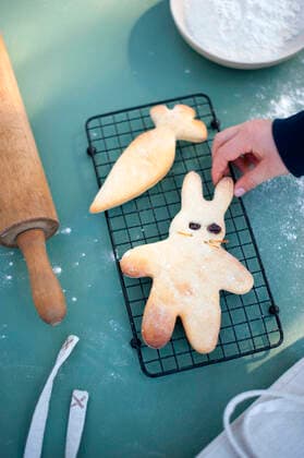 Baked easter bunny and carrot cookies on cooling rack model released Symbolfoto GISF00786