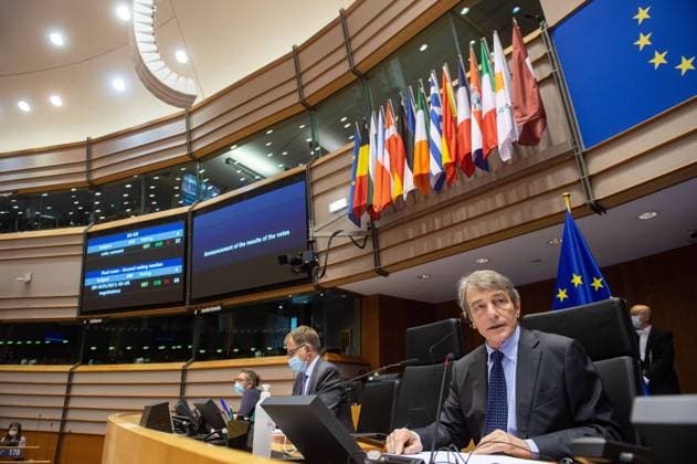 (210428) -- BRUSSELS, April 28, 2021 -- European Parliament President David Sassoli speaks during the announcement of results of the votes at European Parliament Plenary session in Brussels, Belgium, April 28, 2021. The European Parliament on Wednesday ratified the agreement on trade and cooperation between the (EU) and the United Kingdom (UK) in a 660-5 vote. ( Handout via Xinhua) BELGIUM-BRUSSELS-EU-PARLIAMENT-BREXIT EuropeanxUnion 