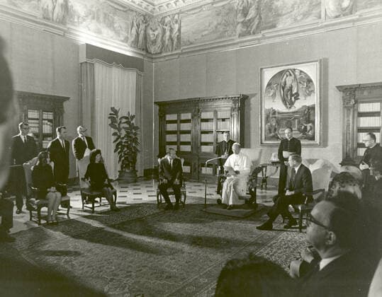 Vatican City, Vatican - (FILE) -- The Apollo 11 astronauts, Neil A. Armstrong, Edwin E. Aldrin, Jr., Michael Collins, and their wives receive a papal audience by Pope Paul VI in the Papal Library, St. Peters Cathedral at the Vatican. The GIANTSTEP-APOLLO 11 Presidential Goodwill Tour emphasized the willingness of the United States to share its space knowledge, and carried the Apollo 11 astronauts and their wives to 24 countries and 27 cities in 45 days.. Copyright: xNASAxviaxCNPx MediaPunchx