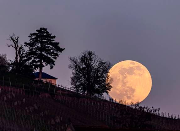 Bilder des Jahres 2021, News 04 April News Themen der Woche KW17 Aufgehender Vollmond über Stuttgart. Katholische St. Johanneskirche Untertürkheim. 26.04.2021: Europa, Deutschland, Baden-Württemberg, Stuttgart. *** Rising Full Moon over Stuttgart Catholic St Johannes Church Untertürkheim 26 04 2021 Europe, Germany, Baden Wuerttemberg, Stuttgart
