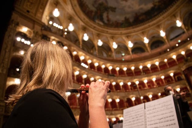 Italy: Reopening of Rome Opera House Rehearsal of orchestra before the start of reopening concert of Rome Opera House . After six months of closure, this evening, April 28, 2021, Rome Opera House reopens to the public with a symphonic concert conducted by Michele Mariotti entirely dedicated to Giuseppe Verdi Rome Italy Copyright: MatteoxNardone