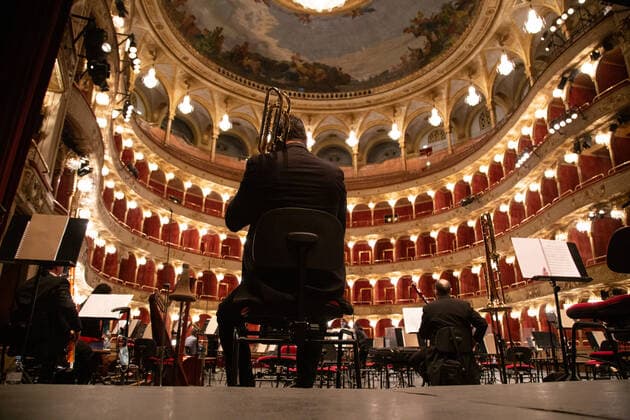 Italy: Reopening of Rome Opera House Rehearsal of orchestra before the start of reopening concert of Rome Opera House . After six months of closure, this evening, April 28, 2021, Rome Opera House reopens to the public with a symphonic concert conducted by Michele Mariotti entirely dedicated to Giuseppe Verdi Rome Italy Copyright: MatteoxNardone