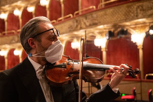 Italy: Reopening of Rome Opera House Rehearsal of orchestra before the start of reopening concert of Rome Opera House . After six months of closure, this evening, April 28, 2021, Rome Opera House reopens to the public with a symphonic concert conducted by Michele Mariotti entirely dedicated to Giuseppe Verdi Rome Italy Copyright: MatteoxNardone