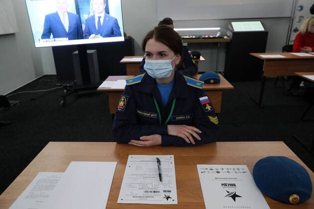 TVER REGION, RUSSIA â€“ APRIL 29, 2021: A cadet wearing a face mask takes a history competence test on World War II, Victory Dictation, at the WWII Rzhev Memorial to the Soviet Soldier. Alexander Shcherbak TASS  TS0FE756