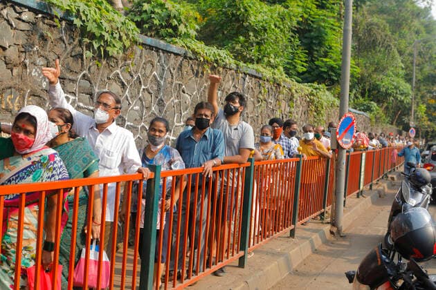 April 29, 2021, Mumbai, Maharshtra, INDIA: 29 April 2021 - Mumbai - INDIA.Citizens who have come for vaccination at the NESCO Jumbo Vaccination centre in Mumbai wait in queues...India suffers vaccine shortages as virus surges.Vaccination centers in many parts of India, including Mumbai, turn people away and large parts of the country reportedly run low on vaccine doses, just as infections increase at their fastest rate since the covid 19 pandemic began last year.Critics are claiming that India should first take care of it s domestic vaccination needs before it exports the Covid vaccines manufactured in India. Mumbai INDIA - ZUMAsu5_ 20210429_zap_su5_010 Copyright: xSubhashxSharmax