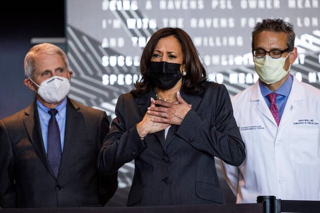 United States Vice President Kamala Harris (C), alongside Dr. Anthony Fauci, Director of the National Institute of Allergy and Infectious Diseases at the National Institutes of Health (L) and pulmonologist Dr. Jason Marx (R), visits the M&T Bank Stadium Mass Vaccination Site on her 100th day in office in Baltimore, Maryland, USA, 29 April 2021. Copyright: xCNPx xMediaPunchx