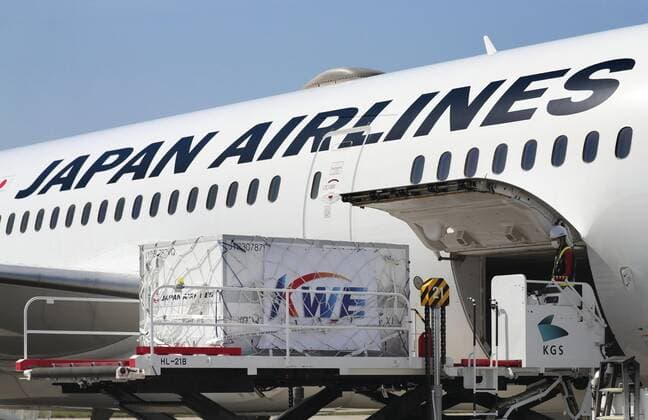 1st batch of Moderna COVID-19 vaccine arrives in Japan Photo taken at Kansai airport in Osaka Prefecture on April 30, 2021, shows cargo containing the first Japan-allocated batch of Moderna Inc. s COVID-19 vaccine unloaded from a Japan Airlines plane upon its arrival from Belgium. 