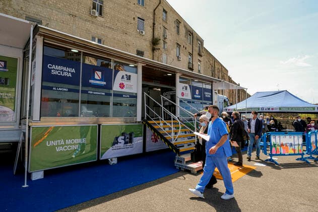 Italy: hub clinic vaccines mobile Naples, today, April 30, 2021, at the hospital S.Gennaro in the Sanitˆ district the vaccination campaign of the over 60 and fragile category with vaccines Astrazeneca and Pfizer, the clinic is mobile will stop in the neighborhoods of the Neapolitan suburbs the intent of the Asl Napoli 1 is to reach those who have difficulty in going to the hub stationary ABPH4169 Copyright: xAntonioxBalascox