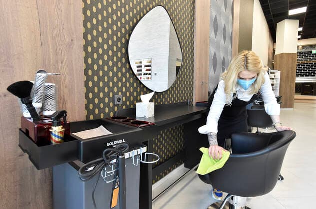 A hairdresser Kristyna Humlova prepares her salon in the Futurum shopping mall in Brno, for reopening as further coronavirus lockdown restrictions are lifted in Czech Republic. Hairdressers, cosmetics, massage, animal care and similar services can reopen in Czechia as of May 3 amid the improving coronavirus epidemic situation. (CTKxPhoto VaclavxSalek) CTKPhotoP2021043007190  sal 08