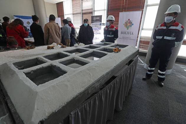 Officials of the state Bolivian Lithium Deposit (YLB) show a model of the evaporation pools for the industrial exploitation of the Uyuni salt flats, during the event of Launch of the International Call for Direct Extraction of Lithium , in La Paz, Bolivia, 30 April 2021. The Government of Luis Arce launched this Friday an international call for interested companies to test in the country their technology for direct extraction of lithium (EDL) with brines from Bolivian salt flats, within the state actions to reactivate their industrialization projects. Bolivia aims for direct lithium extraction to reactivate its projects !ACHTUNG: NUR REDAKTIONELLE NUTZUNG!  Copyright: xMartinxAlipazx AME4117 20210430-637554180941069646