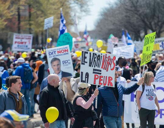May 1, 2021, Montreal, PQ, Canada: People take part in a demonstration opposing the Quebec governmentÃ¢â‚¬â ¢s measures to help curb the spread of COVID-19 in Montreal, Saturday, May 1, 2021. Montreal Canada  - ZUMAc35_ 20210501_zaf_c35_042 Copyright: xGrahamxHughesx