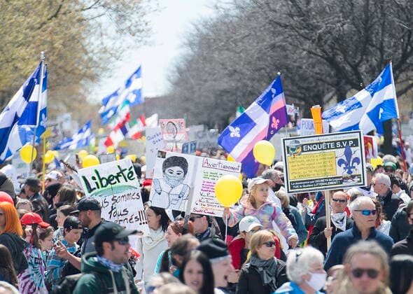 May 1, 2021, Montreal, PQ, Canada: People take part in a demonstration opposing the Quebec governmentÃ¢â‚¬â ¢s measures to help curb the spread of COVID-19 in Montreal, Saturday, May 1, 2021. Montreal Canada  - ZUMAc35_ 20210501_zaf_c35_050 Copyright: xGrahamxHughesx