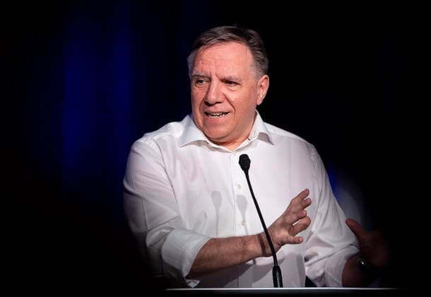 May 2, 2021, Montreal, PQ, Canada: Quebec Premier Francois Legault speaks during a news conference following a meeting with union leaders in Montreal, Sunday, May 2, 2021. Montreal Canada  - ZUMAc35_ 20210502_zaf_c35_011 Copyright: xGrahamxHughesx