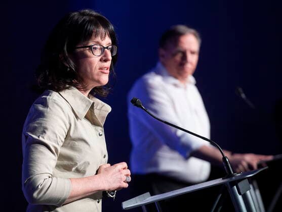 May 2, 2021, Montreal, PQ, Canada: Quebec Premier Francois Legault look on as Sonia Lebel, Minister Responsible for Government Administration, speaks during a news conference following a meeting with union leaders in Montreal, Sunday, May 2, 2021. Montreal Canada  - ZUMAc35_ 20210502_zaf_c35_017 Copyright: xGrahamxHughesx