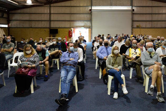 WA CORONAVIRUS COVID19, Members of the public wait to be vaccinated at the Claremont Showground mass vaccination centre in Perth, Monday, May 2, 2021. From today over-50s are eligible for the Covid-19 immunisation program at two mass public vaccination clinics in Perth. ( NO ARCHIVING, EDITORIAL USE ONLY, NO USE IN BOOKS WITHOUT CONSENT PERTH WA AUSTRALIA  Copyright: xRICHARDxWAINWRIGHTx 20210503001539409970
