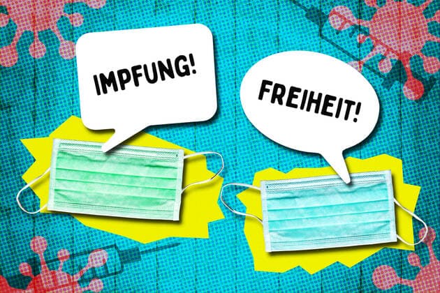 FOTOMONTAGE, Schutzmasken mit Sprechblasen, Thema Impfung und Freiheitsrechte