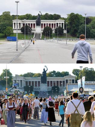 Wegen Coronavirus Pandemie: Oktoberfest faellt auch 2021 aus Ohne die Wiesn herrscht gaehnende Leere auf dem riesigen Festplatz vor der Ruhmeshalle und der Bavaria Statue.