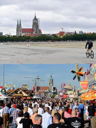 Themenfoto:Theresienwiese in Muenchen in Coronazeiten und davor. Wegen Coronavirus Pandemie: Oktoberfest faellt auch 2021 aus Ohne die Wiesn herrscht gaehnende Leere auf dem riesigen Festplatz.