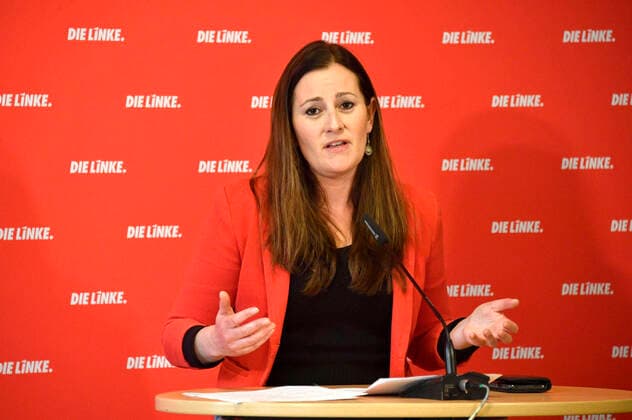 Janine Wissler bei der Pressekonferenz der Partei Die Linke zu aktuellen politischen Themen im Karl-Liebknecht Haus. Berlin, 03.05.2021