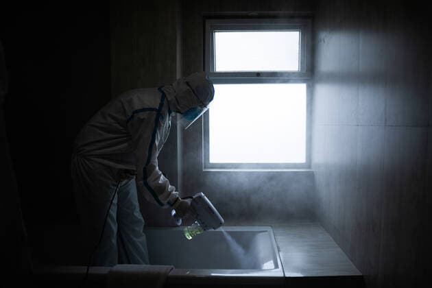 May 4, 2021, Kathmandu, Nepal: An employee wearing a personal protective equipment suite (PPE) uses an Electrostatic Sprayer to disinfect a bath room inside the Hotel Timber house which has been converted into an isolation center for Covid-19 patients in disadvantaged or vulnerable situations in Kathmandu..Nepal confirmed 7,587 new cases and 55 fatalities of COVID-19 taking the nation s novel coronavirus tally to 351,005. Kathmandu Nepal - ZUMAs197 20210504_zaa_s197_123 Copyright: xPrabinxRanabhatx