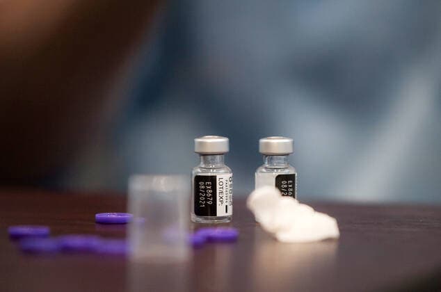 May 5, 2021, Malaga, Spain: Vials of Pfizer vaccine seen during a massive vaccination at Fair and Congresses Palace..Health regional authorities have retimed again the vaccination with doses of Pfizer BioNTech inside large and secure places following all protective measures, as part of massive vaccination One million plan after the announcement of Andalusian government to inoculate around 600.000 vaccines during the week. Malaga Spain - ZUMAs197 20210505_zaa_s197_014 Copyright: xJesusxMeridax