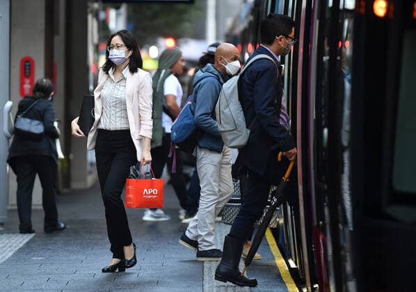NSW CORONAVIRUS COVID19, Passengers wearing face masks use a light rail service in Sydney, Thursday, May 6, 2021. In Sydney, the Blue Mountains, the Central Coast and Illawarra, masks will be compulsory at all public indoor venues and on public transport from 5pm on Thursday while visitors in homes will be capped at 20. ( NO ARCHIVING, EDITORIAL USE ONLY, NO USE IN BOOKS WITHOUT CONSENT SYDNEY NSW AUSTRALIA  Copyright: xJOELxCARRETTx 20210506001540057849