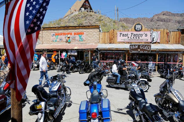United States, 2013: Harley Davidson in Oatman, a small town crossing the mythical Route 66 United States, 2013: Harley Davidson in Oatman, a small town crossing the mythical Route 66. <br>this route originally ran from Chicago (Illinois) to Los Angeles (California) between 1926 and 1985. The highway no longer have an official existence but remains one of the most famous roads in America. <br> America, North America, United States of America, USA  Copyright: xDuboisxCh Andia.frx 252202