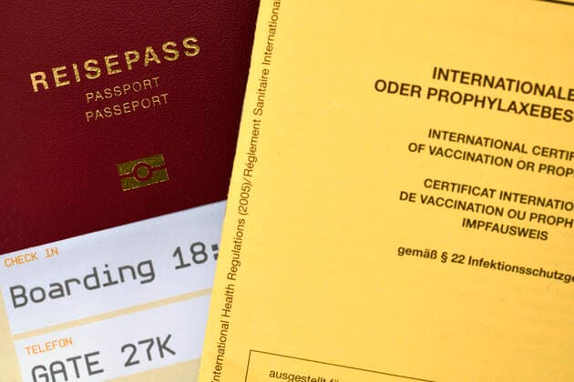 Symbofoto Impfprivilegien, herkömmlicher deutscher Impfpass, Bordkarte für Flugreise, Reisepass, Corona-Krise, Deutschland Coronavirus