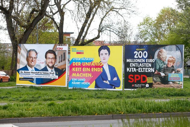 06.05.2021, xtgx, Politik, Landtagswahl in Sachsen-Anhalt, Plakate der CDU, FDP und SPD, Koalition Schwarz Gelb Rot Magdeburg