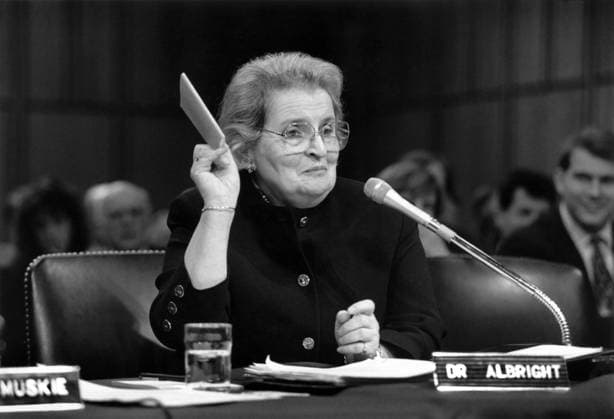 Madeleine K. Albright before the Senate Foreign. Relations Committee during her confirmation hearing to be U.S. Representative to UN, she is holding Copy of UN Charter, Washington, D.C., USA, R. Michael Jenkins, January 23, 1993  Copyright: xCircaxImagesx ghi-circa09508