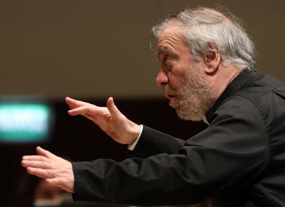 MOSCOW, RUSSIA â€” MAY 9, 2021: Conductor Valery Gergiev performs with the Mariinsky Theatre Symphony Orchestra at Zaryadye Concert Hall at the 20th Moscow Easter Festival. Vladimir Gerdo TASS  TS0FFA45
