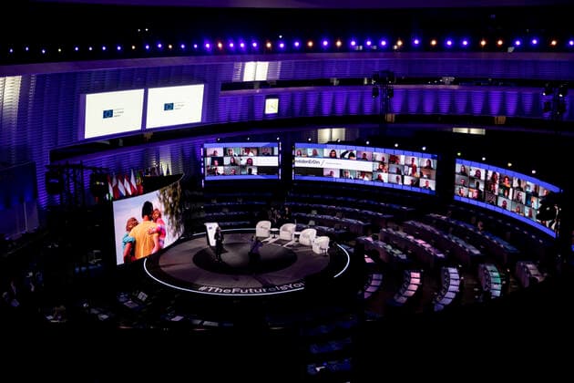 STRASBOURG, FRANCE- MAY 9: French President Emmanuel Macron delivers his speech on the Future of Europe and to and to mark Europe Day, at the European Parliament in Strasbourg, eastern France on May 9, 2021. NEWS : Deplacement de Emmanuel Macron a Strasbourg - 09 05 2021 ElyxandroCegarra Panoramic 