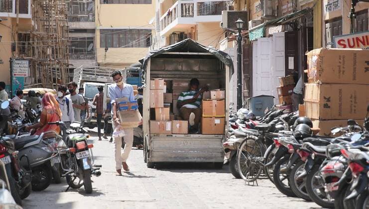 JAIPUR, INDIA - MAY 10: Medical supplies loaded onto a truck during a Covid-19 induced lockdown on May 10, 2021 in Jaipur, India. (Photo by Himanshu Vyas Hindustan Times) Lockdown In Jaipur To Curb Covid Pandemic