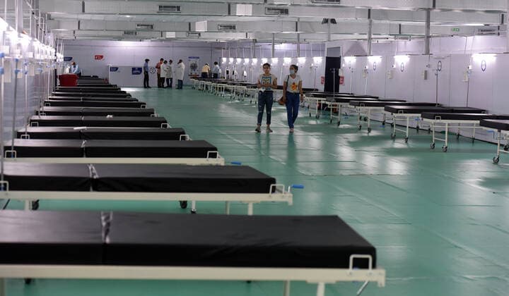 NEW DELHI, INDIA - MAY 11: A view inside the Covid-19 care centre and ICU facility coming up at Ramlila Maidan near GTB Hospital at Dilshad Garden on May 11, 2021 in New Delhi, India. (Photo by Raj K Raj Hindustan Times) 500-ICU Bed Covid Care Centre At Ramlila Maidan Near GTB Hospital